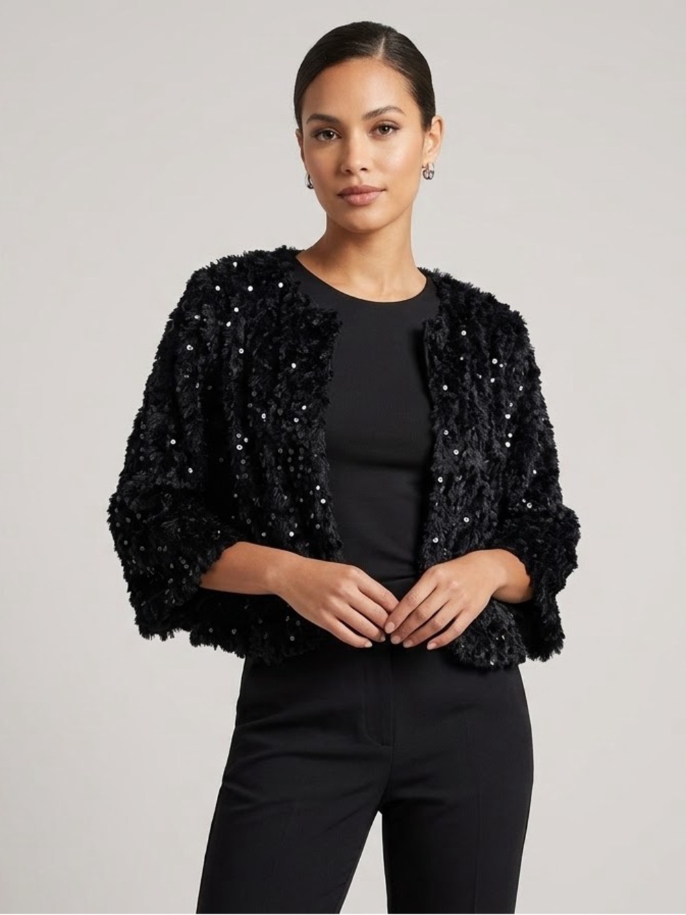 HAANI Sequin Faux Fur Cropped Bolero Jacket Y2K Glam Evening Shrug celestial